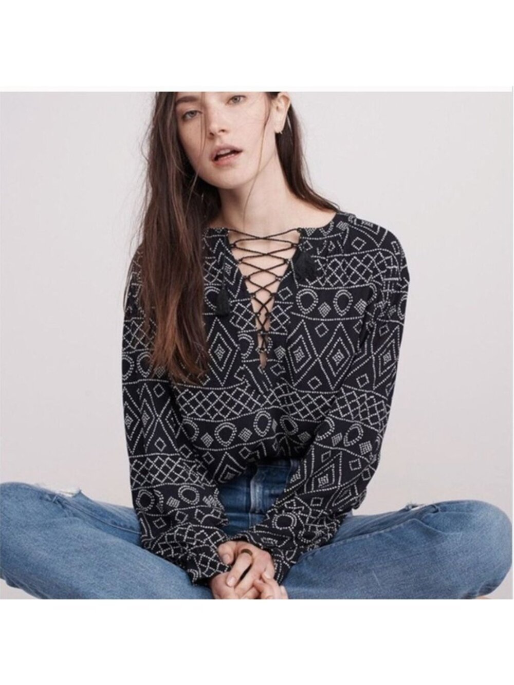 Madewell Lace Up Peasant Caravan Print Black Tassel Tie Top S